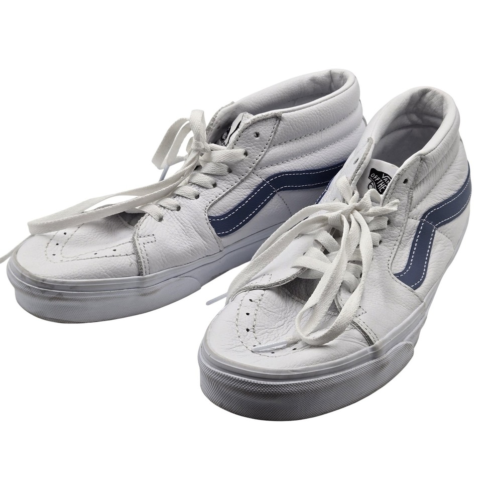 Vans Shoes Mens Size 8.5 White Blue Leather Mid Top Skate Classic Sneakers